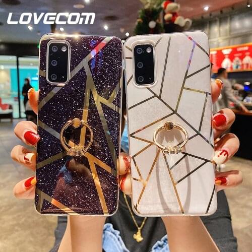 Golden Plating Marble Phone Case With Ring For Samsung A71 A51 A42 S10 S20 S21 Plus Note 9 10 Plus 20 Ultra Case Soft IMD Cover