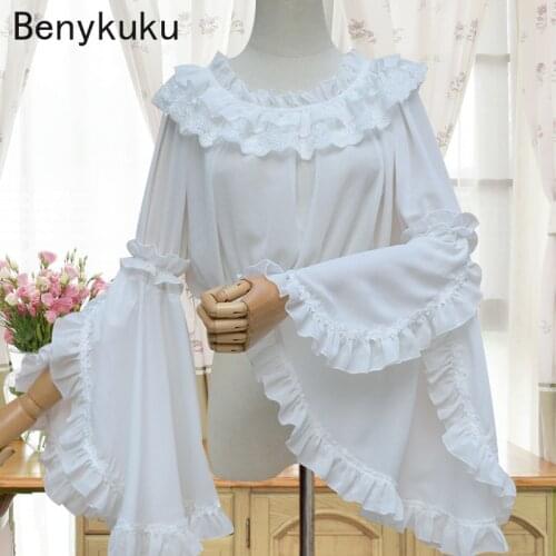 Ruffle Flare Long Sleeve Lolita Blouse Lace O Neck Chiffon Crop Top Victorian Shirts Japanese Blusas Kawaii Cute Blouse Women