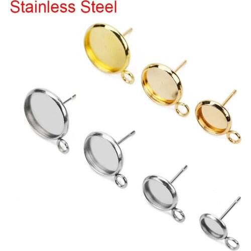 20pcs Hypoallergenic Stainless Steel 6 8 10 12mm Stud Earring Cameo Glass Cabochon Base Settings For Diy Jewelry Making Findings