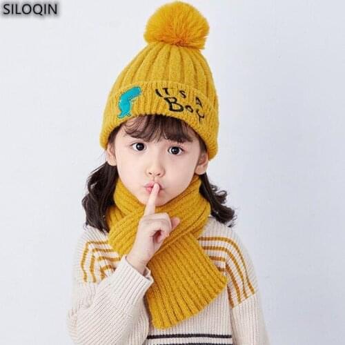 SILOQIN Trend Autumn Winter New Children Beanie Hats Cute Cartoon Fashion Casual Sports Knitted Cap+Scarf