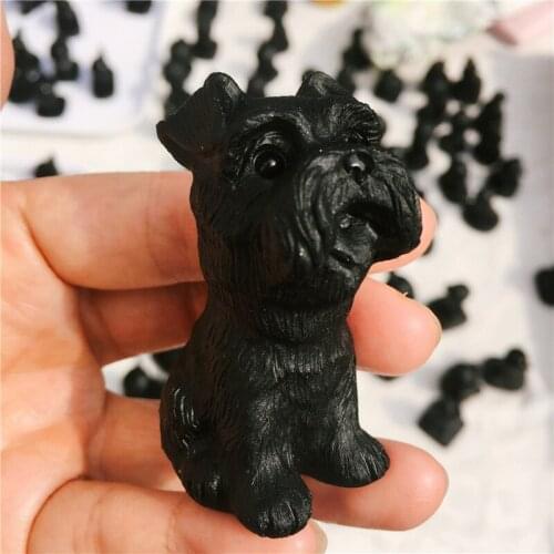 Cute Natural Stone Black Obsidian Handmade Carved Dog Animal Powerful Statue For Home Decoration Gift