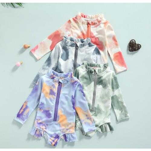 2021 0-5Y Summer Fall Kids Baby Girl Swimwear Tie Dye Print Long Sleeve Zipper O Neck Ruffle Swimming Tankini Holiday Beachwear