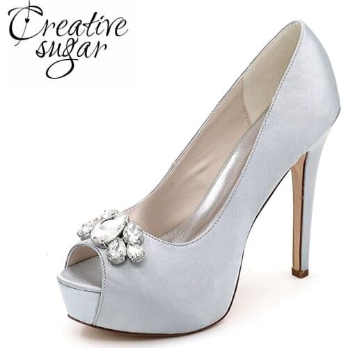 Creativesugar woman open toe platform high heels satin dress evening shoes crystals bridal wedding party show pumps silver red