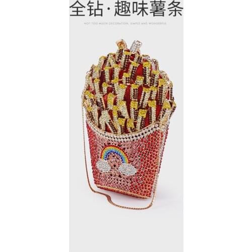 Red Matching Yellow French Fries Shape Diamond Womans Dinner Evening Bag Lady Crystal Party Cocktail Handbag Purse Rhinestone