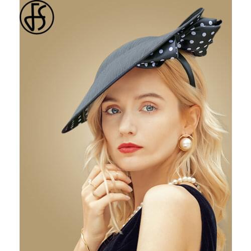 FS Vintage Black Hats Women Sinamay Fascinator For Wedding Churhc Party Kentucky Derby Hat Bow Dot Formal Hats Bridal Fedora