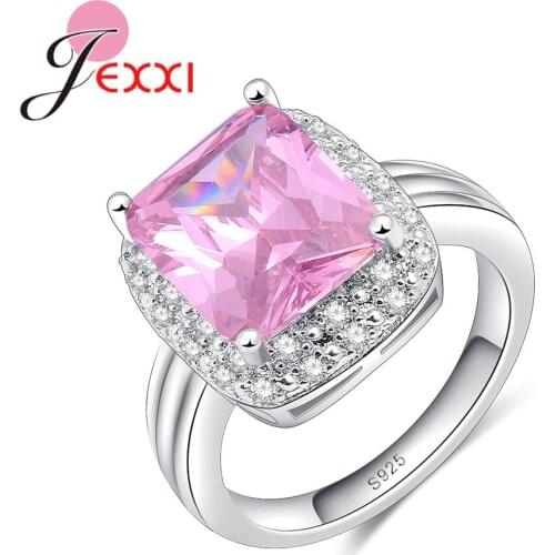 Sweet Pink Wedding Rings Classic Square Crystal Shape for Women Simple 925 Sterling Silver High Quality Jewelry Engagement Anel