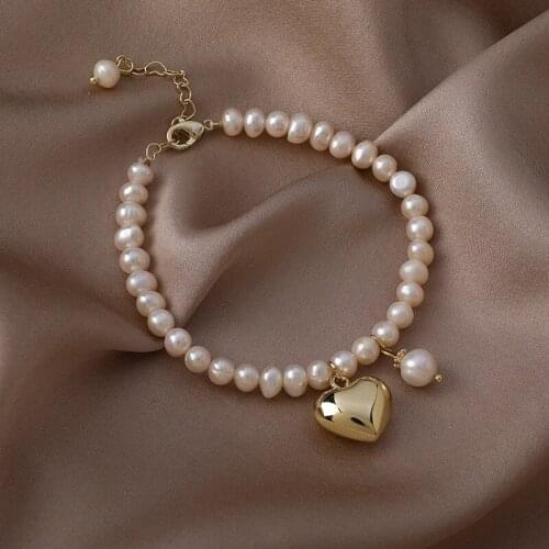VSnow Sweet Metal Love Heart Natural Freshwater Pearl Charm Bracelet for Women Femme Gold Color Beaded Summer Bracelet Jewelry