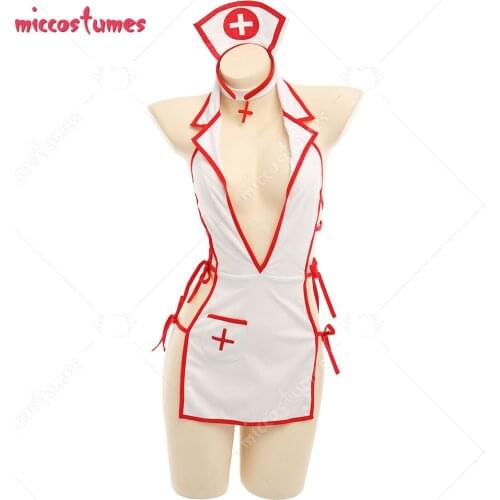 Women Strapped Net Nurse Style One-Piece Lingerie Bodysuit Costume Outfit with Choker Headband