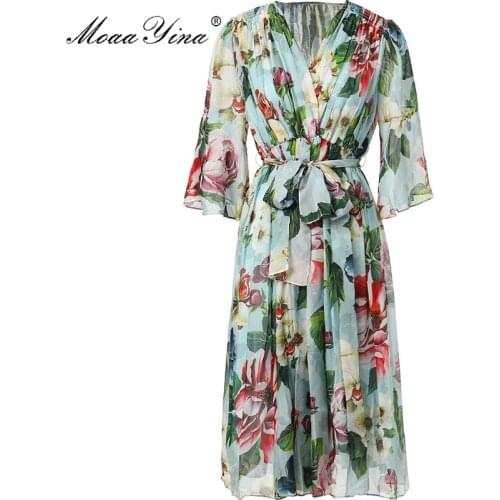 MoaaYina Fashion Designer dress Summer Womens Lace up Dress V-neck Floral-Print Vacation Dresses