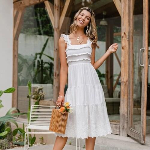 Women Dress 2021 Elegant Ruffled Sleeveless Maxi Sundress Casual Summer White Spaghetti Strap High Waist A-line Vestidos