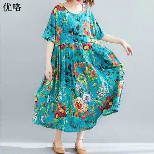 2019 Summer Fashion Art Ethnic Printed Floral Beach Dress Women Plus Size Cotton Dresses Casual Loose A Line Dress 4XL 5XL 6XL