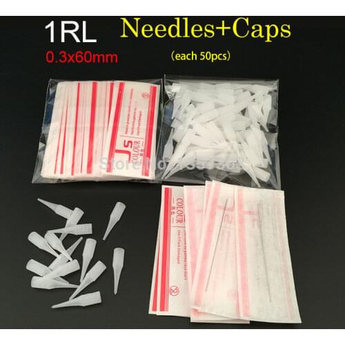 1R 0.3*60mm (needles + tips each 50pcs ) Promotional Professional Permanent Makeup Machine Needles With Tips Caps -PM-T-1R-50