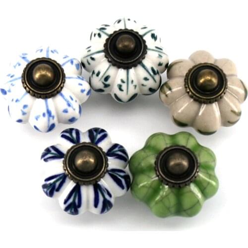 1x Vintage Pumpkin Ceramic Knob Hand-painted Dresser Door Knobs Zinc Alloy Base Kitchen Furniture Handle Cabinet Drawer Pulls