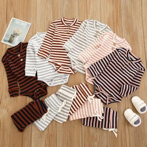 Citgeett Spring Toddler Baby Girl Boy 2PCS Outfit Button Long Sleeve Romper Striped Pants Autumn Casual Clothes Sets