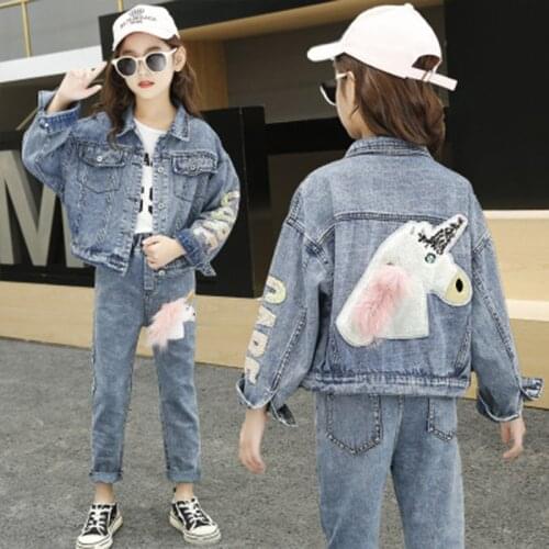 New 2020 Fashion Autumn Denim Jacket For Girls Children Spring Outerwear Cartoon Unicorn Outfits Kids Jacket Clothes Girls Coats