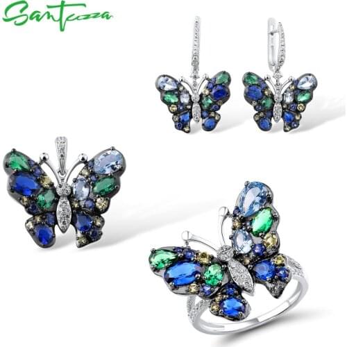 SANTUZZA Silver Jewelry Set For Women 925 Sterling Silver glamorous Blue Butterfly Pendant Earrings Ring Set Party Fine Jewelry