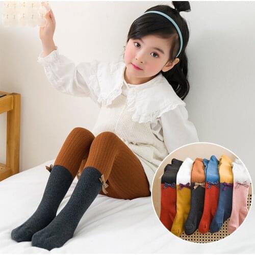 Girls' leggings spring and autumn thin section color matching candy color college wind bowknot pantyhose cotton baby leggings