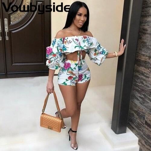 Summer New Style Womens Suit Fashion Casual Slim Printing Slash Neck Ruffled Off Shoulder Short Sleeved T-shirt Short Sets