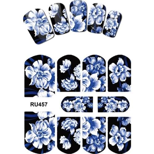 UPRETTEGO NAIL ART BEAUTY WATER DECAL SLIDER NAIL STICKER DARK CHINA BLUE WHITE BIRD FLOWER LEAF VINE RATTAN LEAF RU457-462