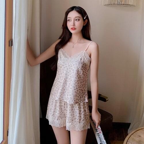 New Sexy lace Leopard satin silk short pajamas Sets women summer lace satin nightwear spaghetti strap shorts pyjamas sets women