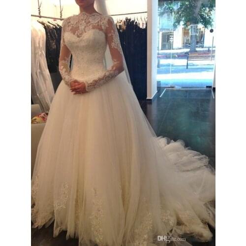 New Design A-line Sheer Neckline Long Sleeves Lace Appliques With Beads Tulle & Lace Wedding Dress Crystals Bridal Gown