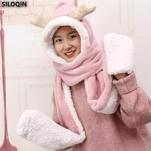 SILOQIN Winter Female New Cute Antlers Siamese Gloves Bib Hat Three-Piece Suit Keep Warm Plush Ear Protection Cap Student Hats