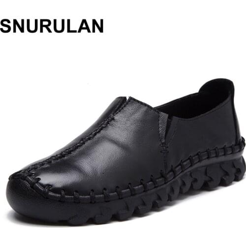 SNURULAN Womens Handmade Shoes Genuine Leather Flat woman Fashion Loafers Female Soft Single Casual Shoes