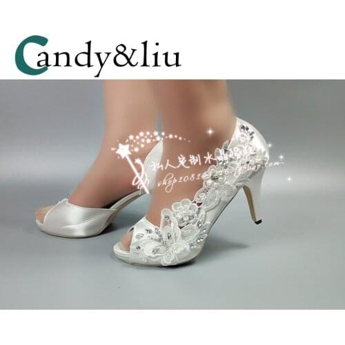 White Lace Flower Wedding Shoes Appliques Super High Heel Peep Toe Slip-on Women Pumps for Party Banquet Evening Dress Reception