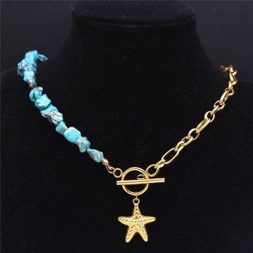 Bohemia Starfish Stainless Steel Imitation Turquoise Necklace Women Gold Color Chain Necklaces Jewery collier boheme NXS04
