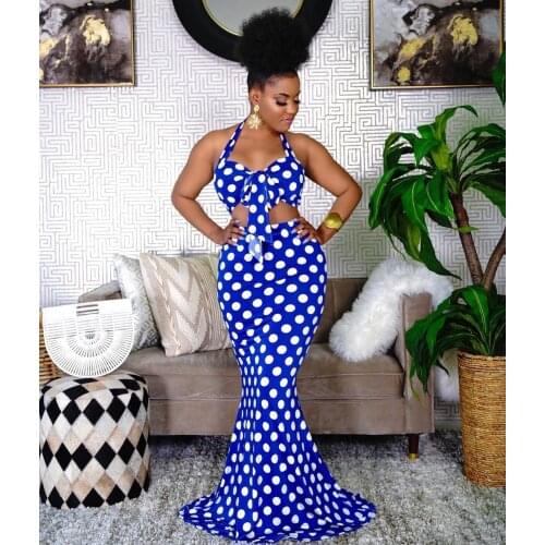 VAZN 2021 Top Quality Upsurge Dot Elegant Set Halter Off Shoulder Holiday Elegant Mermaid Maxi Skirts Skinny Women 2 Piece Set