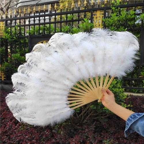 YY-tesco 1pcs/lot High Quality White Ostrich Feathers Fan Celebration Party Wedding Dance Performance Props 15 Bone Feathers Fan