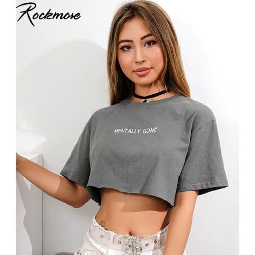 Rockmore Streetwear Women Fashion T shirt Cotton Loose Grey Hip Hop Tee Shirt Female Letter Print O-Neck Short Sleeve Lady Tops