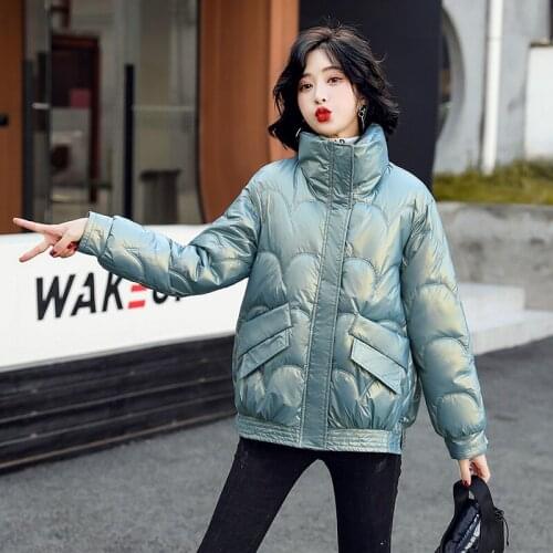 Women Fashion Stand Winter Short Glossy Puffer Jackets Female White Duck Down Coats Casual Thicken Warm Ladies Outwear