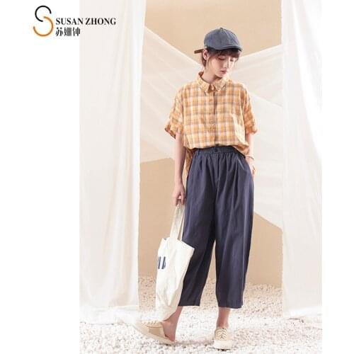 Women Pants Feme Trousers 2021 Spring Summer Natural Normcore Vintage Indi Clothing Loose Harem Cotton Elastic Waist Check Hem