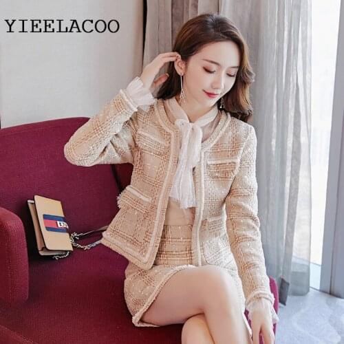Elegant Coat + Skirt Sets Champagne Plaid Autumn / Winter Jacket + Skirt Suit Business New Ladies Woolen 2-Piece Suits
