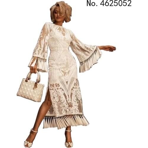European USA Women Fashion O-Neck Mandarin Sleeve Lace Hollow Out Tassel Elegant Lady Dinner Party Embroider Two Long Dress