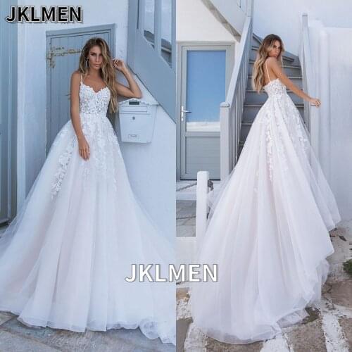 Elegant A-line White 3D Flower Wedding Dresses with Appliques Spaghetti Strap Bridal Gowns Boho Vestido De Casamento