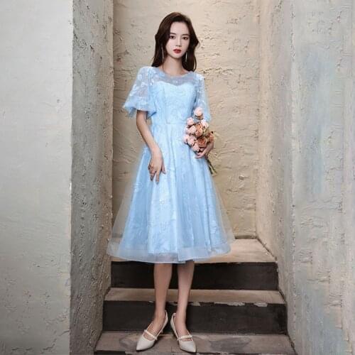 Evening Dress Embroidery O-Neck Pleat A-Line Short Sleeves Fashion Empire Tea-Length Zipper Back Woman Formal Party Gowns A1431