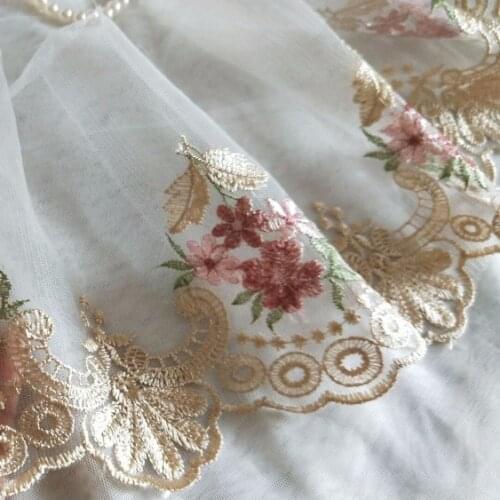 17cm 6.29inch wide-3yards/lot Pink Flower Embroidered Tulle Lace Trim for Garment Decoration,Embroidery Mesh Lace Trim