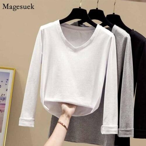 2020 Autumn Korean Slim Office Lady Blouse V-neck Shirt Women Cotton Long Sleeve T-Shirt Women Solid Pullover Shirt Blusas 10476