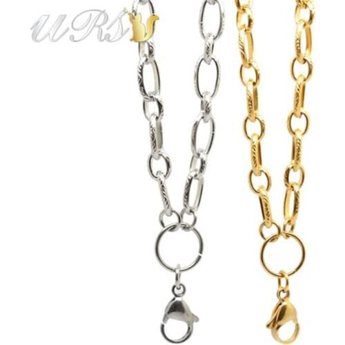 5PCS 32''(80cm) /Gold 316L stainless steel Pendant Necklace Oval Knurling Chain Floating Memory Locket Pendant Necklace