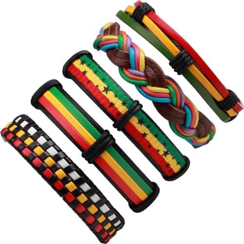 5pcs/set Hippie Punk Rainbow Color Blue Orange Red Black Brown Leather star band Layer Stackable resizable Bracelets Set for Man