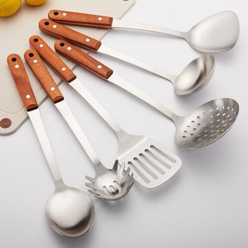 6 Pcs Cooking Tool Sets 304 Stainless Steel Wooden Handle Anti-scalding Utensil Set Spoon Spatula Cookware sets Kitchen Tools