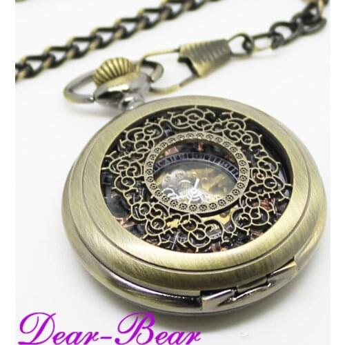 8001) Vintage Bronze Skeleton Filigree Hand Wind Mechanical Pocket Watch , 6 pc/lot