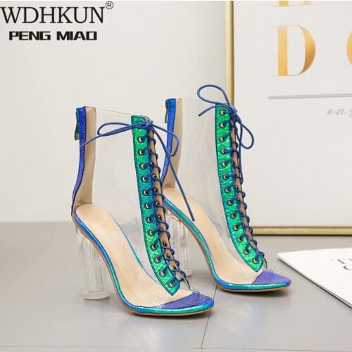 WDHKUN Clear Chunky Heels Women Ankle Boots Summer Sandals Sexy PVC Transparent Gladiator Sandals Cross Strappy Peep Toe Shoes