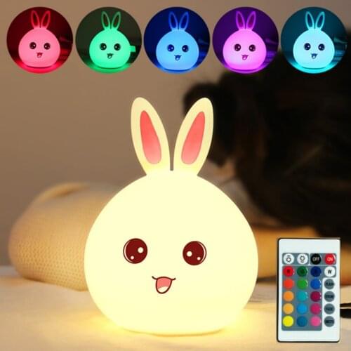 Colorful Silicone Rabbit Toy Night Lamp USB Rechargeable LED Nightlight for Bedroom Bedside Baby Kids Childrens Cartoon Gift