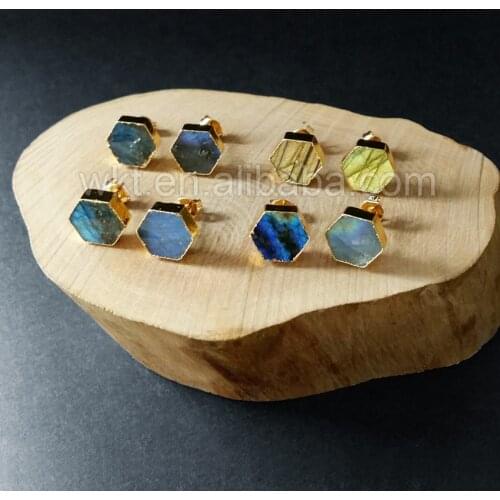WT-E156 2016 Spring Sale Pretty Gold Trim Natural Labradorite Studs Handmade natural stone Studs
