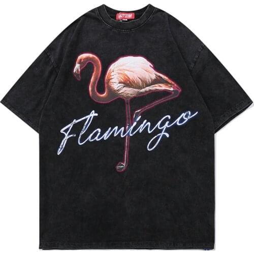 T Shirt Men Harajuku Flamingo Printed Tops Tees 2021 Summer 100% Cotton Tshirt Hip Hop Streetwear Oversize T-shirt for Men