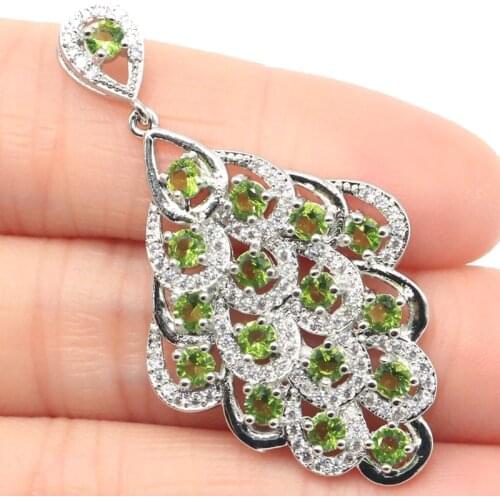 46x25mm Beautiful Peacock Shape Created Green Peridot White CZ Gift For Ladies Silver Pendant