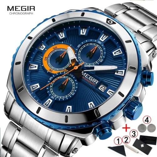 Men Watches Top Brand Luxury Megir Dlue Dial Chronograph Quartz watch men 2019 Stainless Steel Male Wristwatch Men watches 2019